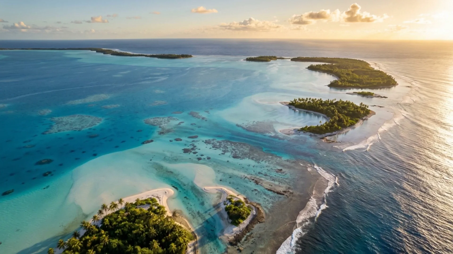 Sunrise over an Aitutaki atoll, palms and clear lagoon