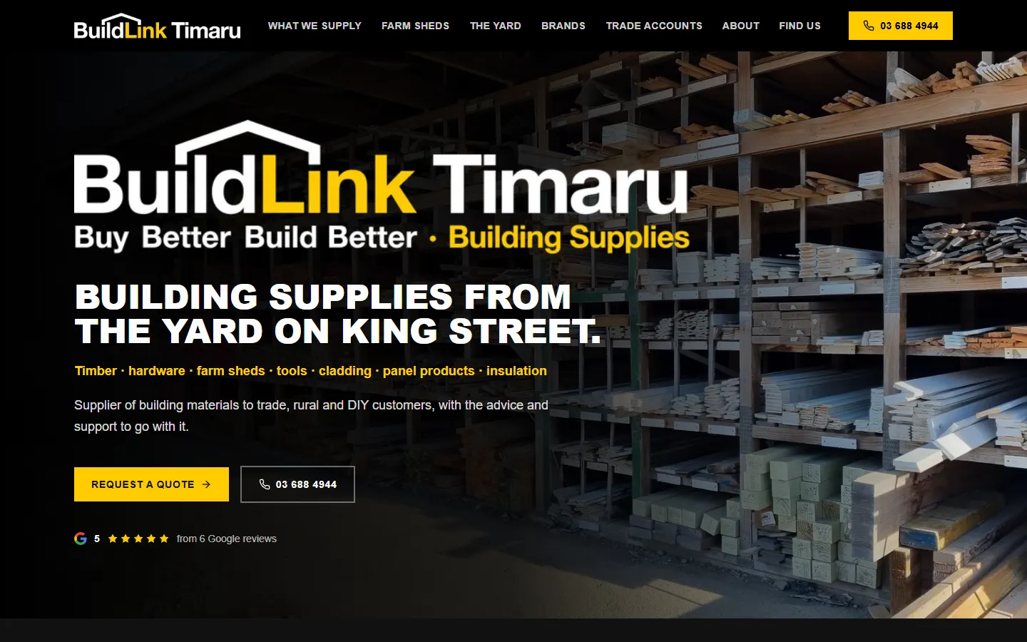 The BuildLink Timaru home page: the logo over a photo of the timber racks, with Request a quote and phone buttons