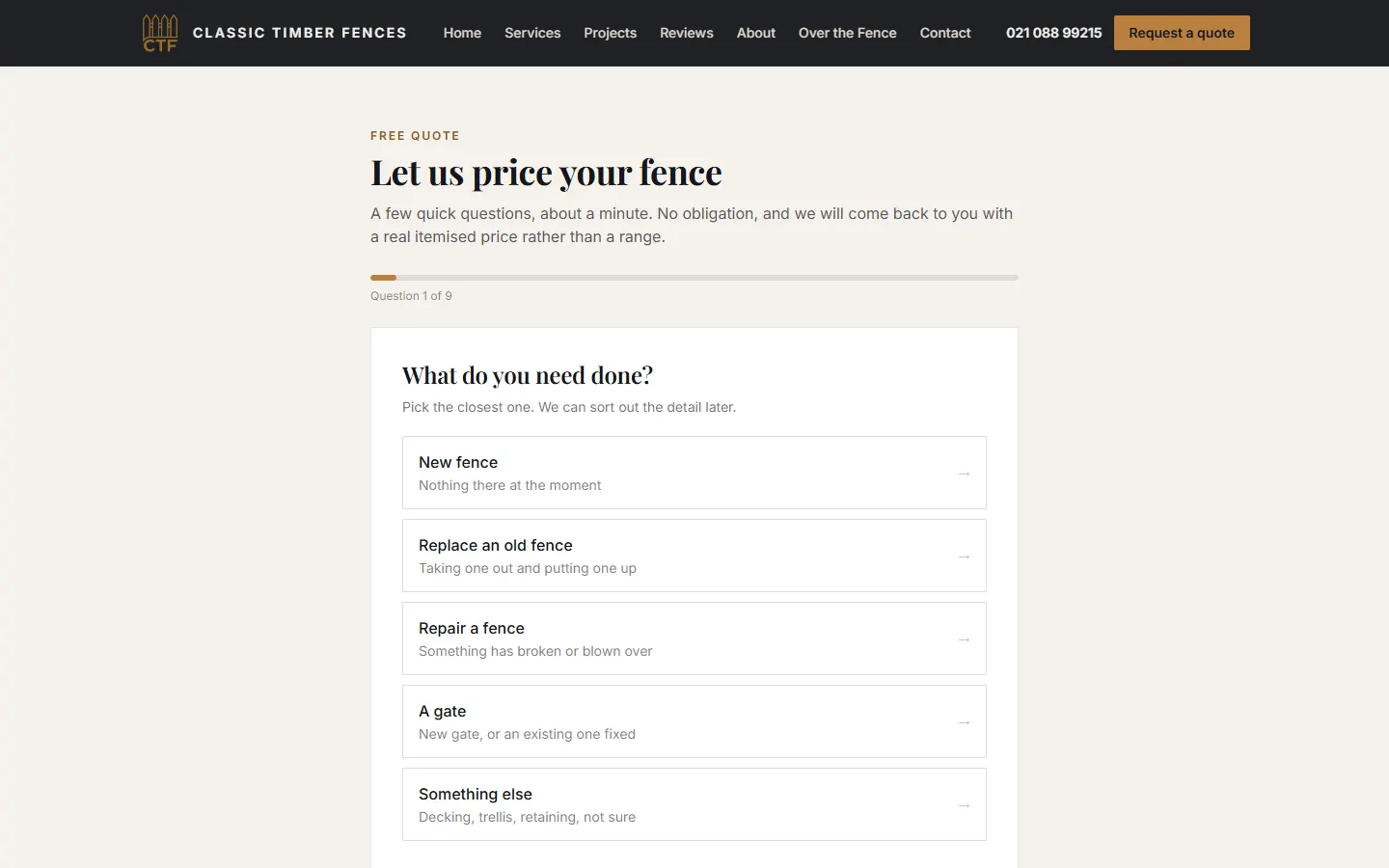The Classic Timber Fences quote form: question 1 of 9, What do you need done?, with five large options