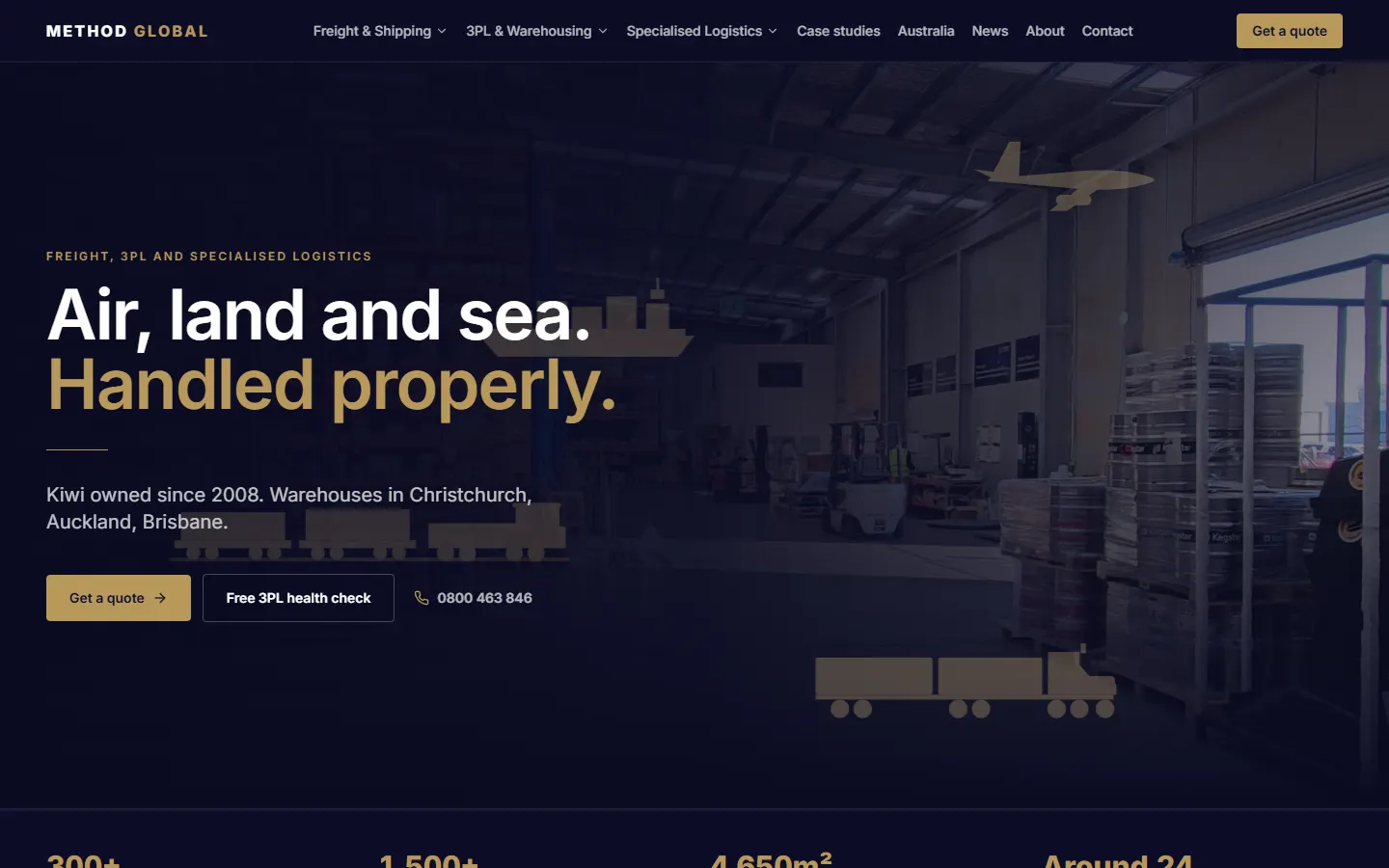 The new Method Global home page: Air, land and sea. Handled properly., over a warehouse photo, with Get a quote and Free 3PL health check buttons