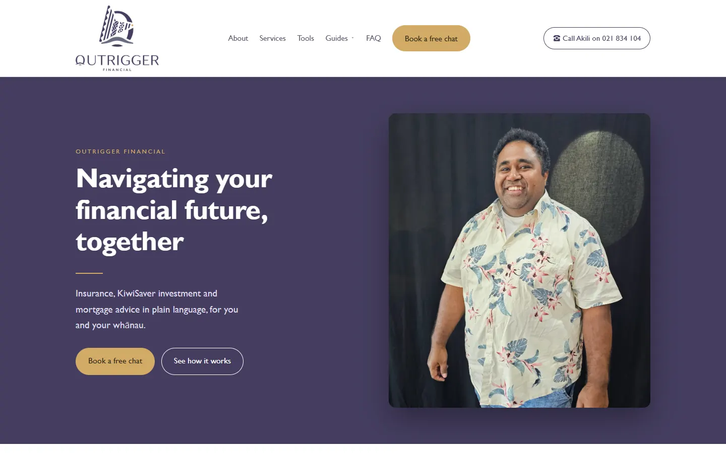 The Outrigger Financial home page: a purple hero reading Navigating your financial future, together, beside a photo of the adviser